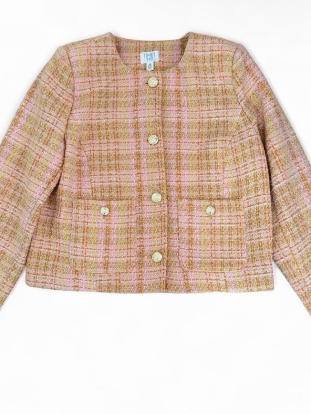 Time and Tru Pink and Tan Tweed Boxy Blazer